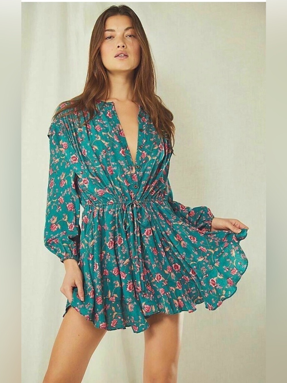 Free People Flower Field Mini Dress Floral Long Sleeve Green Pink Size XS